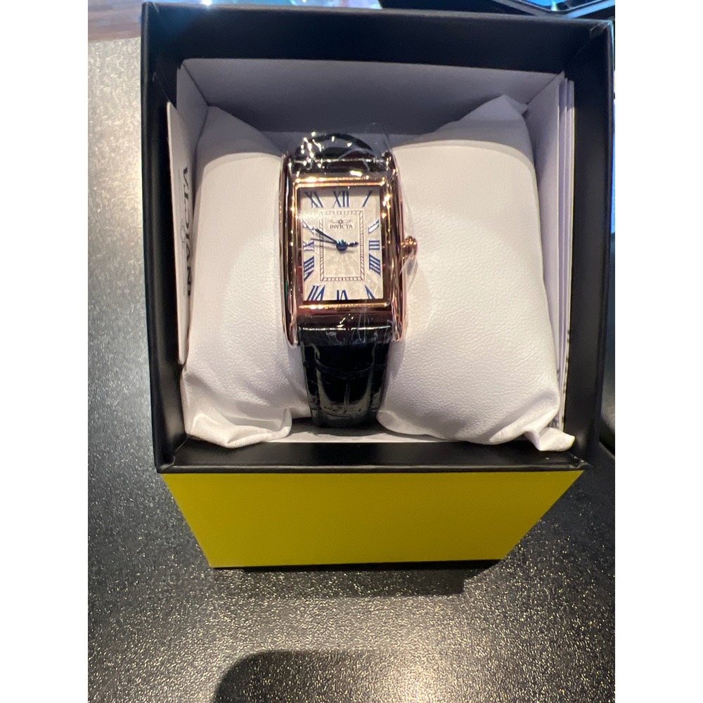 Invicta Womens Rose Gold Rectangular Watch Black Leather Strap Roman Numerals